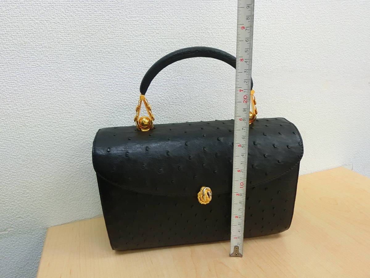 (4068) 美品 ハンドバッグ ブラック ゴールド金具 GENUINE OSTRICH レザー 高級_画像5