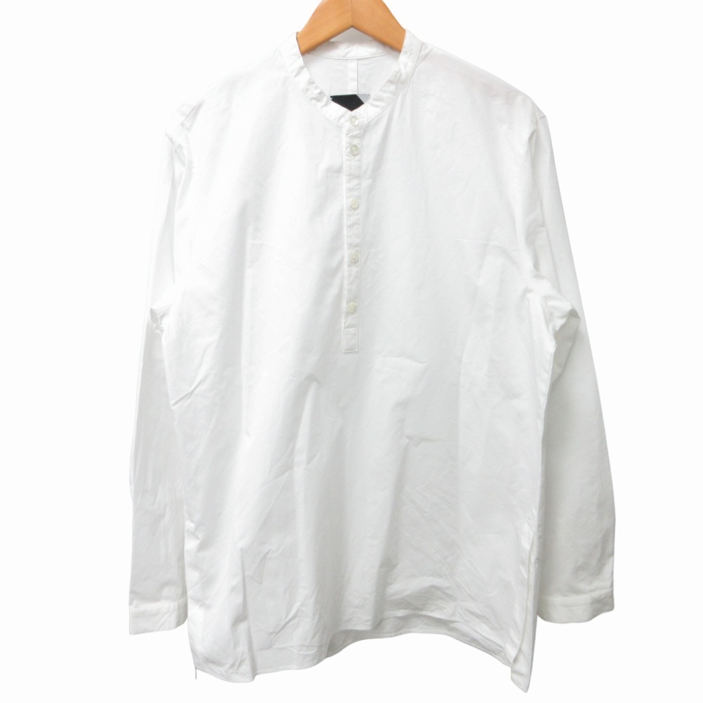 エイトン ATON 美品 近年 SUVIN BROAD バンドカラーシャツ ヘンリーネック サイドスリット 長袖 無地 白 ホワイト 4 約XL 1113 メンズ