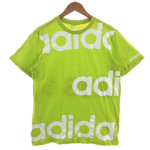アディダス adidas Ｔシャツ 丸首 半袖 ロゴプリント コットン グリーン系 黄緑 ホワイト 白 M メンズ_画像1