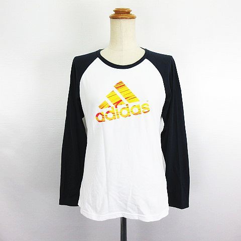 アディダス adidas Tシャツ カットソー 長袖 クルーネック ロゴ UVケア L ホワイト×ネイビー ※EKM レディース_画像1