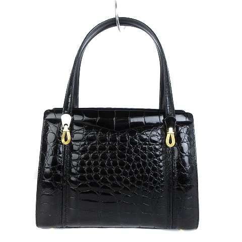 GINO TROMBA クロコダイル ハンドバッグ わに革 光沢 装飾金具 JRA 黒 ブラック レディースの画像3