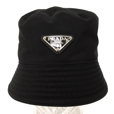 プラダ PRADA バケットハット ワンポイント ロゴ 三角プレート 2022年製 黒 ブラック M 帽子 ■GY18 レディース