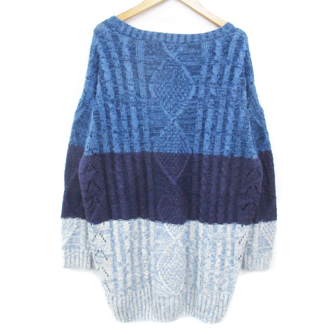  As Know As Pinky tunic knitted sweater long sleeve round neck cable braided F blue purple b LOOPER pull /FF15 lady's 