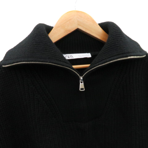  Zara ZARA вязаный свитер короткий рукав половина Zip открытый цвет одноцветный большой размер M чёрный черный /YK40 женский 