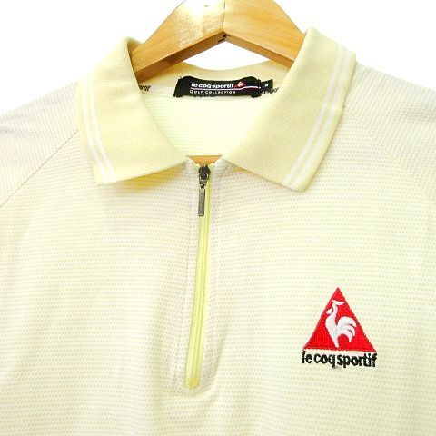 ルコックスポルティフ le coq sportif 美品 ハーフジップ シャツ 半袖 鹿の子 ロゴ刺繍 トップス ゴルフウエア M クリーム ■GY08 メンズ_画像3