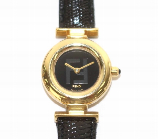  Fendi FENDI wristwatch quarts FF Logo 2 hands Lizard leather 320L watch black black Gold /DK #OH lady's 