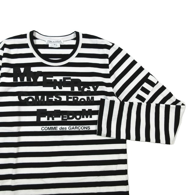 美品 コムデギャルソン COMME des GARCONS 希少 青山限定 メッセージ ボーダー柄 ロゴ Tシャツ カットソー ロンT 切替 ”MY ENERGY COMES F_画像2