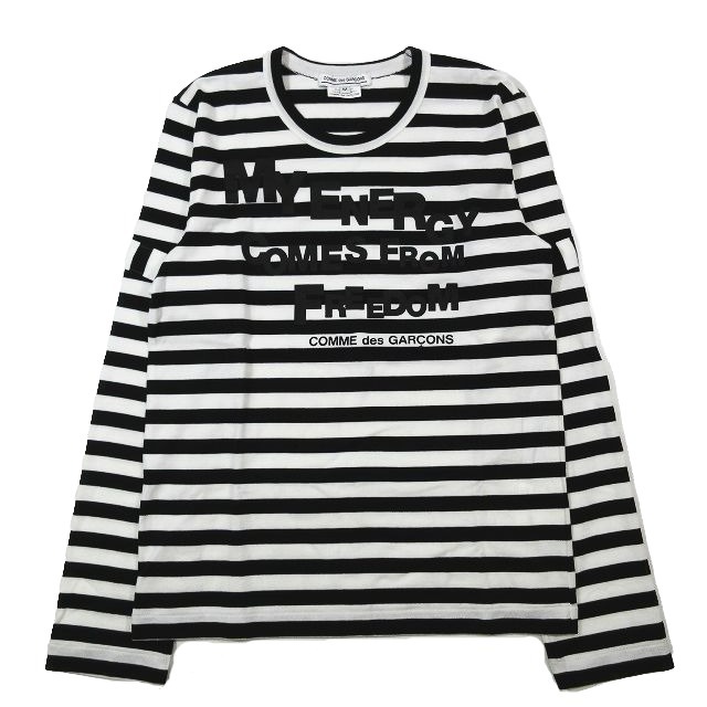 美品 コムデギャルソン COMME des GARCONS 希少 青山限定 メッセージ ボーダー柄 ロゴ Tシャツ カットソー ロンT 切替 ”MY ENERGY COMES F_画像1