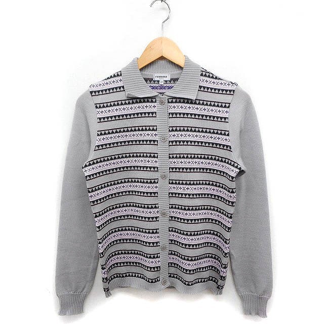  Renoma renoma knitted cardigan pattern lame . collar wool 38 gray ash /FT39 lady's 