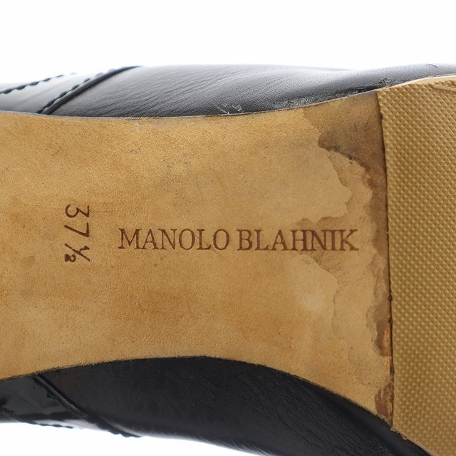  Manolo Blahnik MANOLO BLAHNIK leather long boots round tu pin heel high heel 37.5 24.5cm black black /YB lady's 