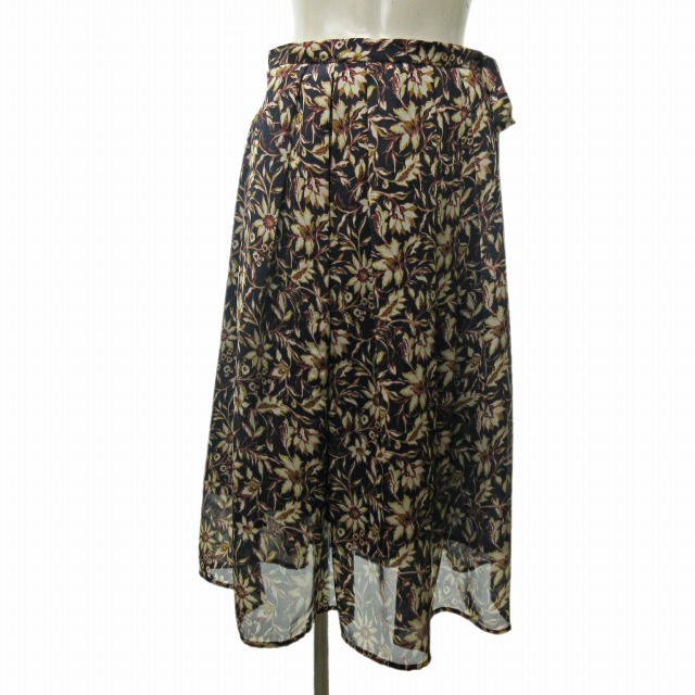 ロイスクレヨン Lois CRAYON 美品 近年 ロングスカート 花柄 フレア リボン ベルト ネイビー系 M 1023 レディース_画像1