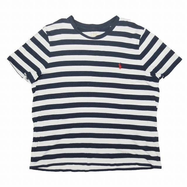 ポロ ラルフローレン POLO RALPH LAUREN ロゴ刺繍 ボーダー Tシャツ カットソー トップス 半袖 コットン サイズXL 紺 ネイビー 白 ホワイト_画像1