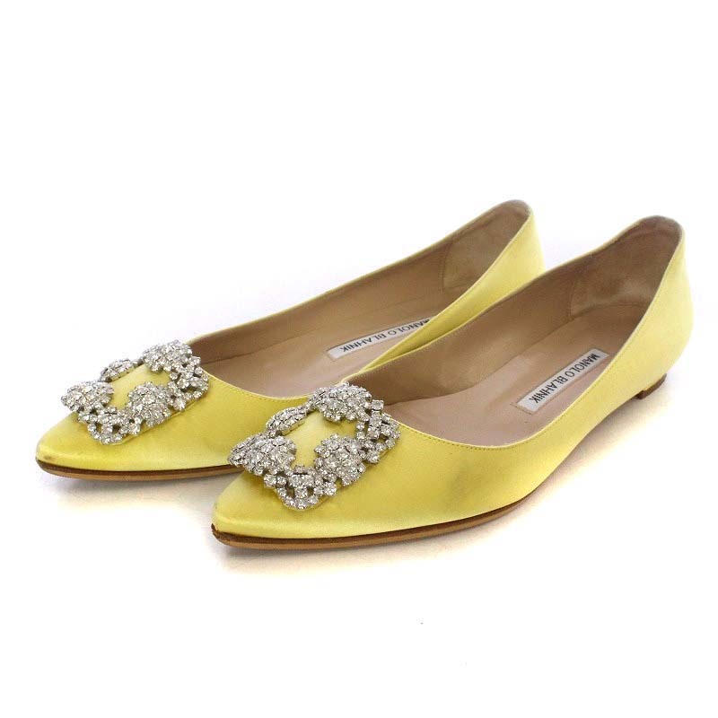  Manolo Blahnik MANOLO BLAHNIK рукоятка gisiHANGISI FLAT туфли-лодочки Flat po Inte dotu атлас crystal 37 24cm желтый цвет 