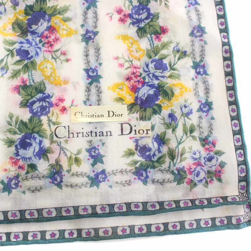 クリスチャンディオール Christian Dior ヴィンテージ ミニスカーフ バンダナ 花柄 フラワー 総柄 青 ブルー 白 ホワイト マルチカラー_画像8