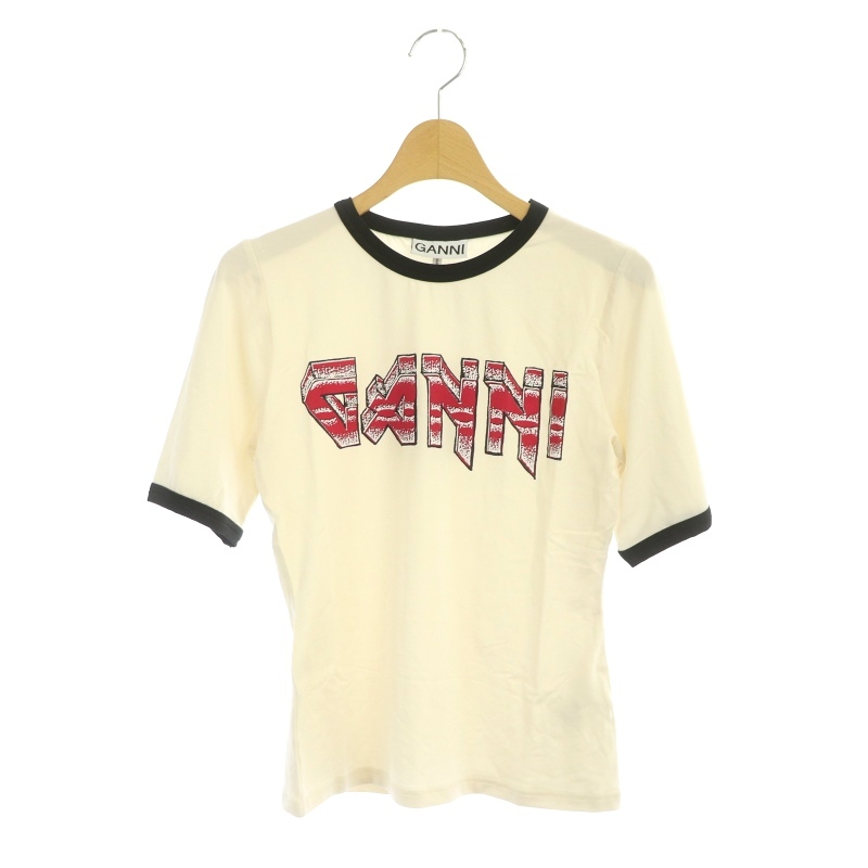 ガニー GANNI Light Stretch Jersey Ganni Fitted T-shirt ロゴ リンガーTシャツ カットソー 半袖 XS オフホワイト 黒 赤