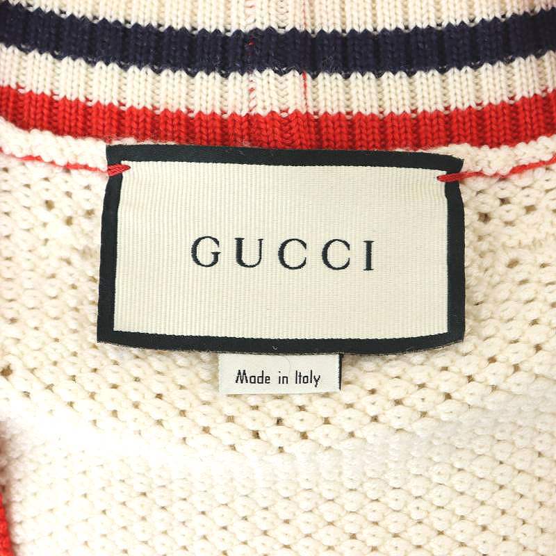 グッチ GUCCI 574182 GG柄 インターシャニット カーディガン 長袖 Vネック M オフホワイト 赤 紺 /DF ■OS レディース_画像3