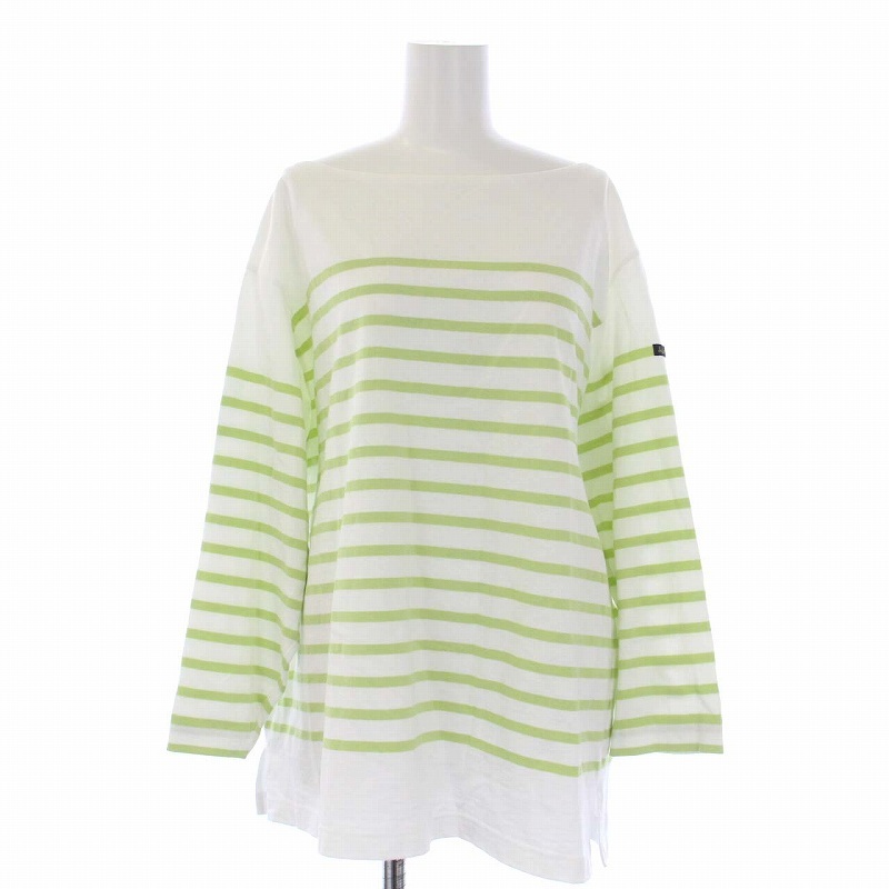 ルミノア Leminor バスクシャツ カットソー 七分袖 ボーダー 2 M 白 ホワイト 黄緑 グリーン /TK レディース_画像1