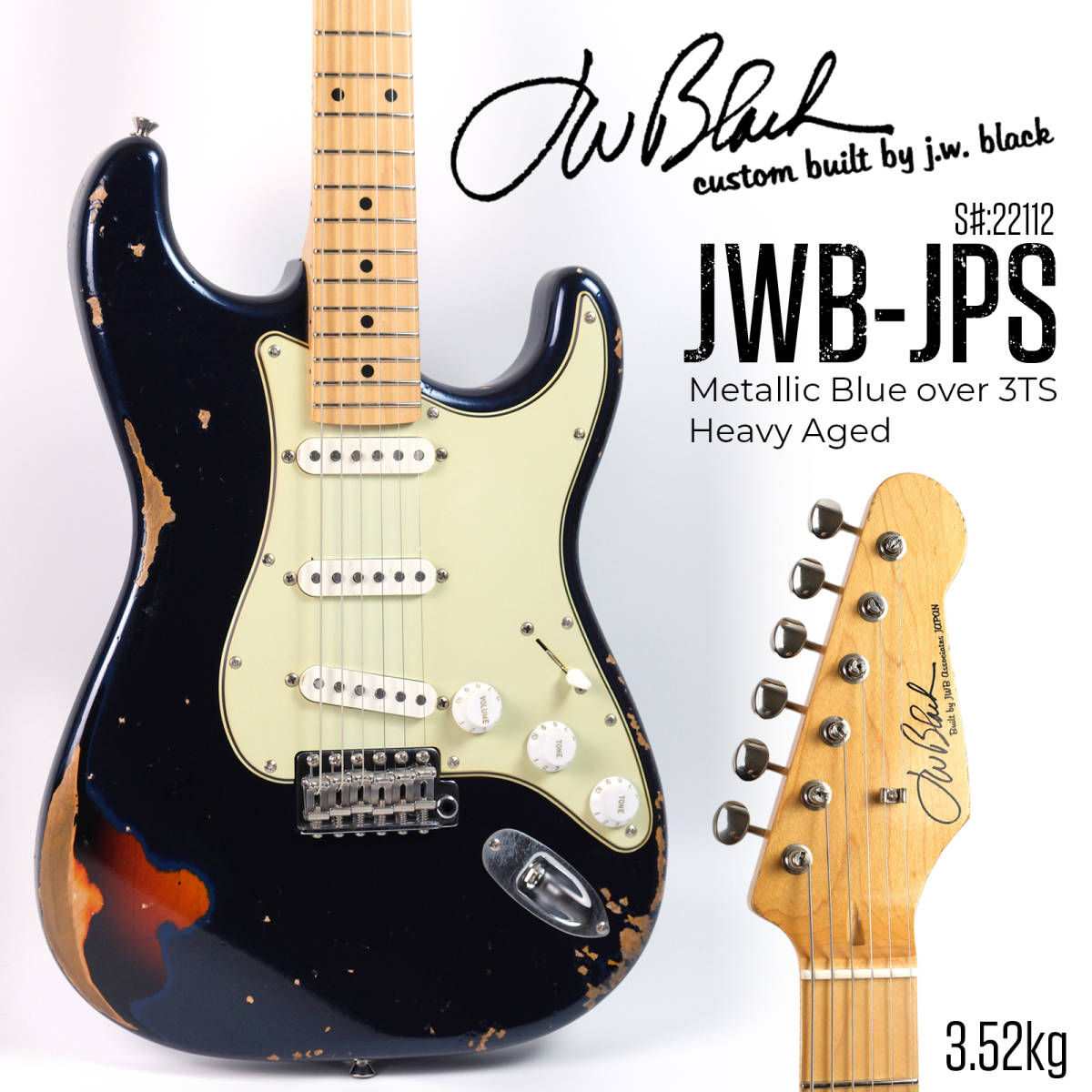 その他 J.W.Black Guitars JWB-JP-S Maple/Alder metallic Blue Over 3TS Heavy Aged 3.52kg
