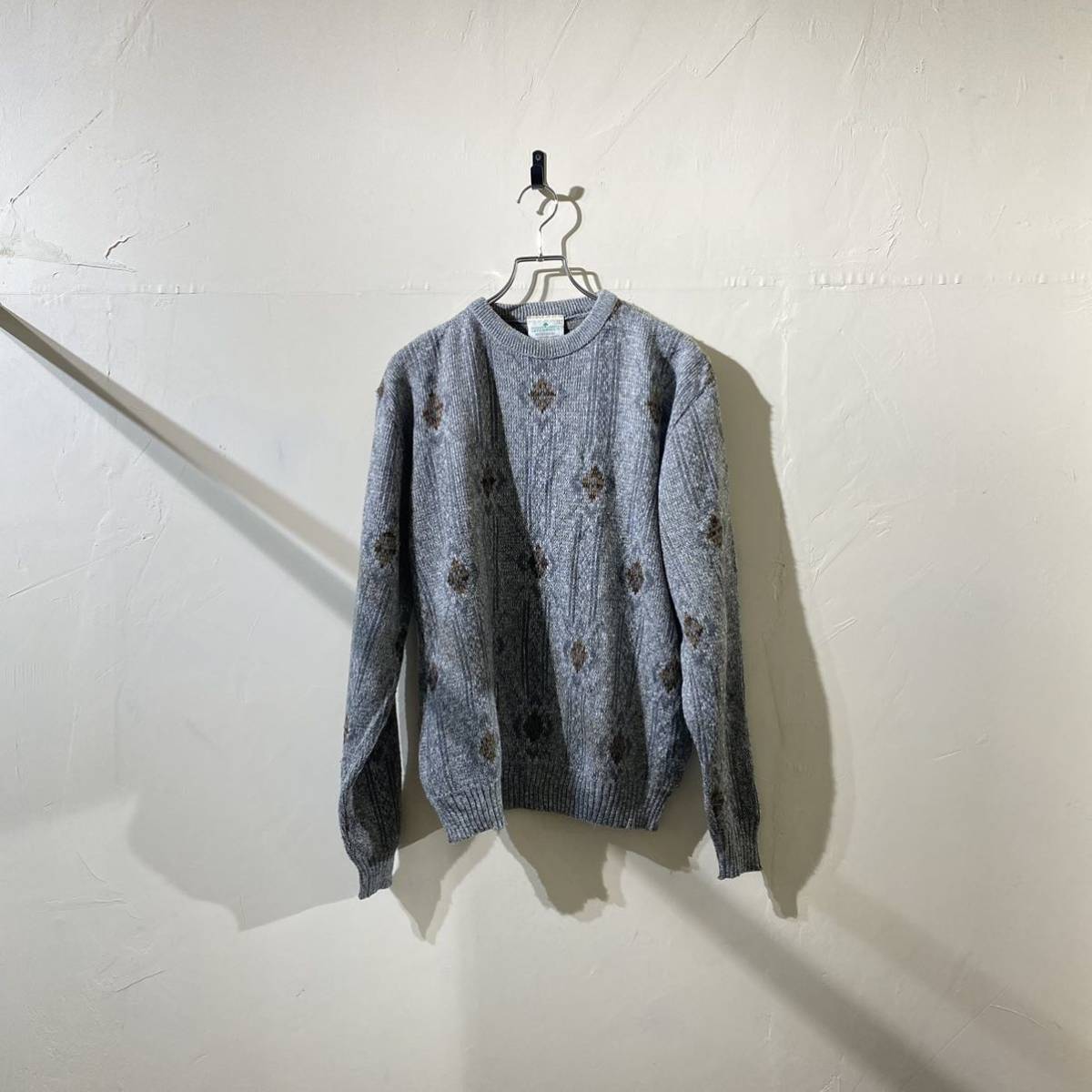 vintage euro Acryl design print sweater knit ヨーロッパ古着 ビンテージ アクリルニット プリントセーター イングランド製 70s 80s