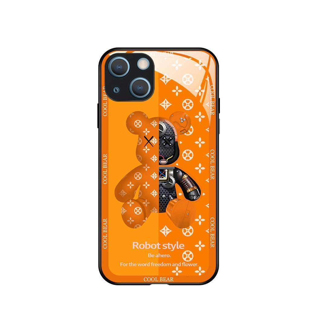 新カラー　iPhone15 14　携帯ケース　強化ガラス　高級感クマ　オレンジ_画像2