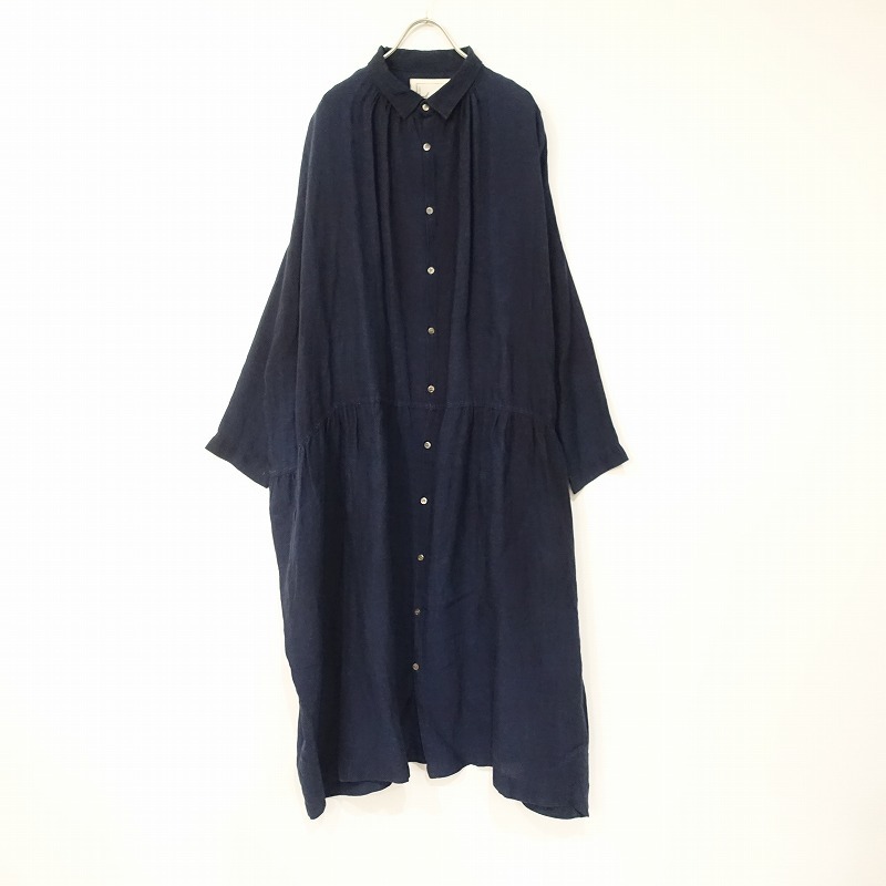 //【定価2.0万】イチ アンティークス ICHI Antiquite’s*リネンギャザーワンピース*シャツ麻ネイビー紺ロング(4-2311-52)【81K32】_画像1