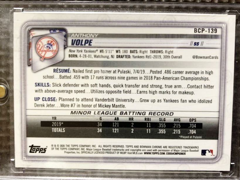 Anthony Volpe★2020 bowman chrome prospects ★1ST★BCP-139★アンソニーボルピーprospectカードの画像2