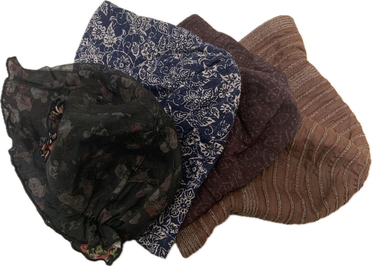 レディース夏用帽子4点セット(頭囲54~60CM程度) ELLE レース花柄 藍色コットン ブラウンの画像1