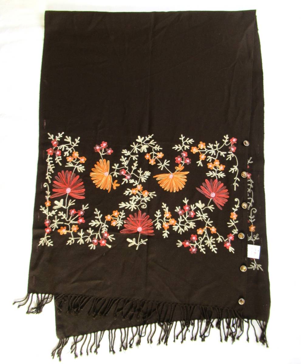 アジアン 茶系 花柄刺繍 大判 ストール インド製 マフラー スカーフ アジア エスニック_画像2