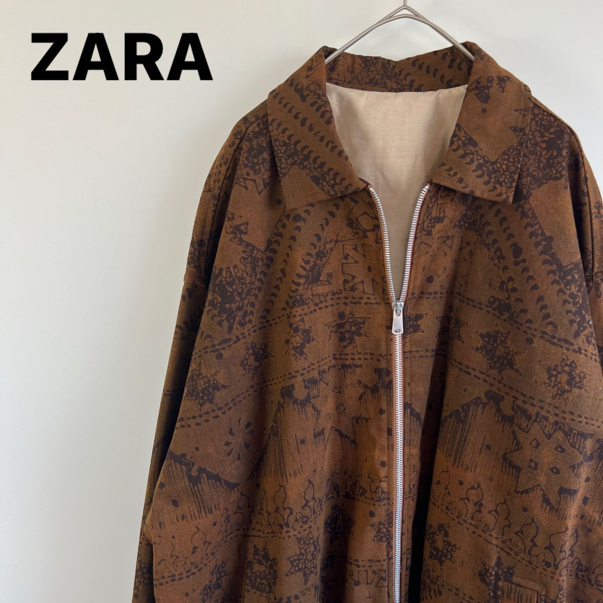 ZARA ザラ 総柄 フルジップ ジャケット オーバーサイズ US-XL ブラウン