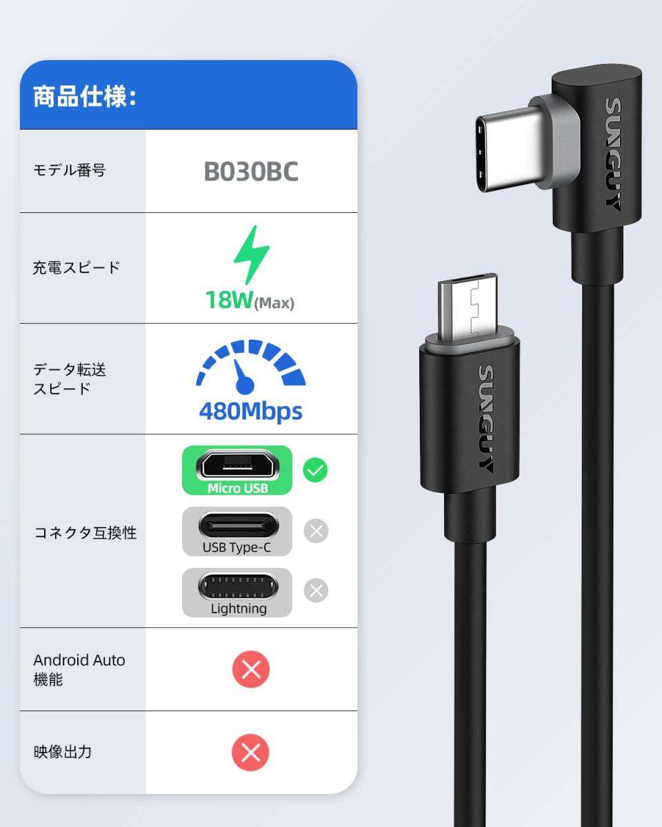 【特価商品】C Micro USB ケーブル L字 0.3M 【2本組】 SUNGUY USB C to micro Type U_画像7