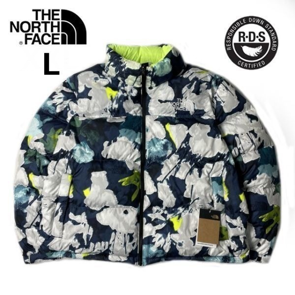 1円～!売切!【正規新品】THE NORTH FACE W 1996 RETRO NUPTSE PRIDE JACKET ダウンジャケット ヌプシ US限定 ロゴ刺繍(L)紺 総柄190122-160_画像2