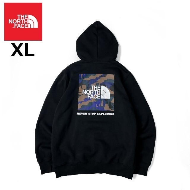 1円～!売切!【正規新品】THE NORTH FACE PRINTED BOX NSE HOODIE パーカー スウェット US限定 バックプリント 登山(XL)黒 迷彩柄 181130-30_画像3