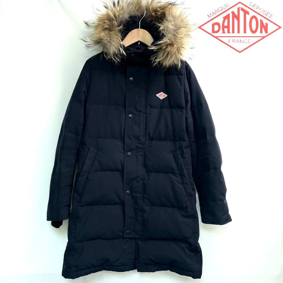 DANTON Dan ton real fur with a hood .2WAY long down coat lady's raccoon fur 34 S navy navy blue 