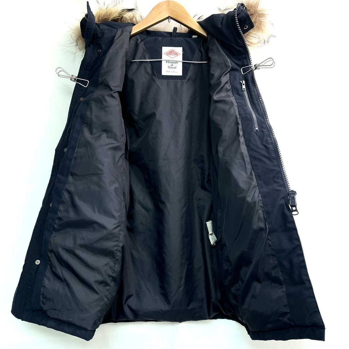 DANTON Dan ton real fur with a hood .2WAY long down coat lady's raccoon fur 34 S navy navy blue 