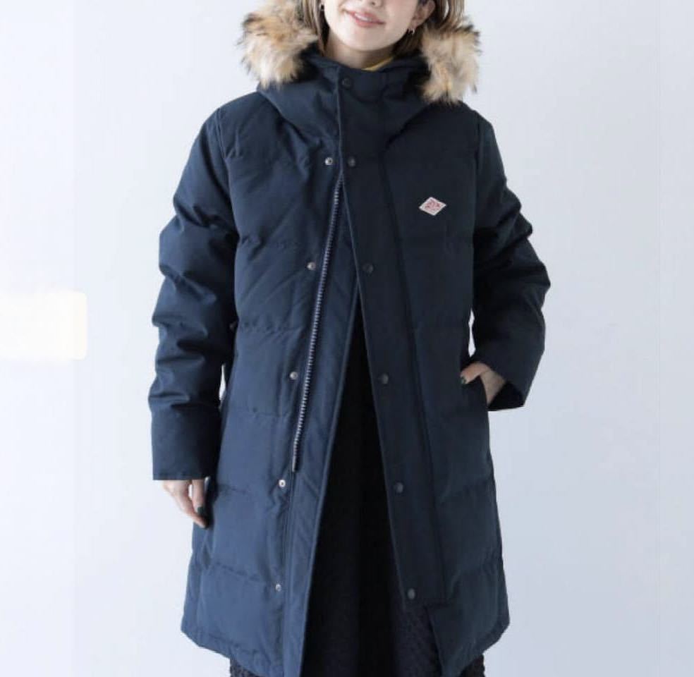 DANTON Dan ton real fur with a hood .2WAY long down coat lady's raccoon fur 34 S navy navy blue 