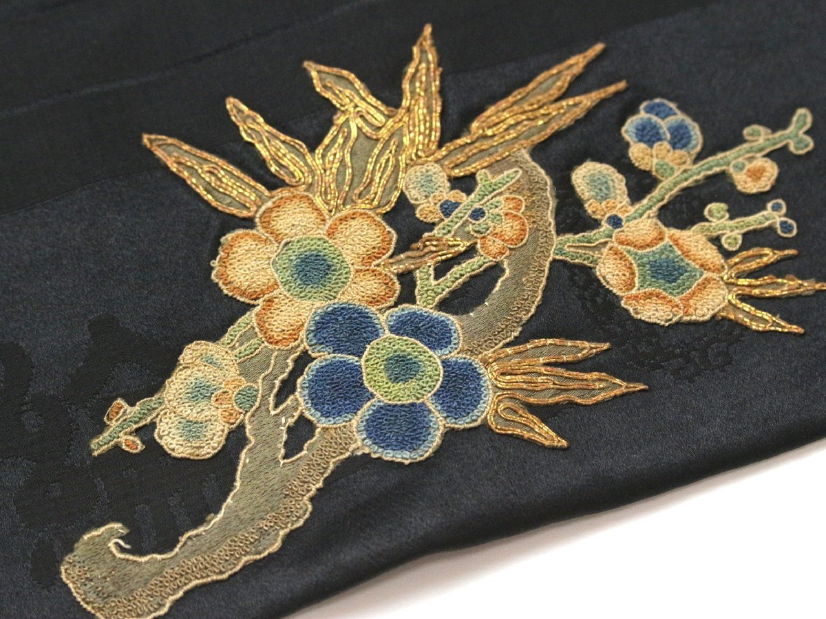 ■日本刺繍・相良刺繍■アンティーク 特選　黒繻子名古屋帯 南国調鳳凰図　e11-92_画像5