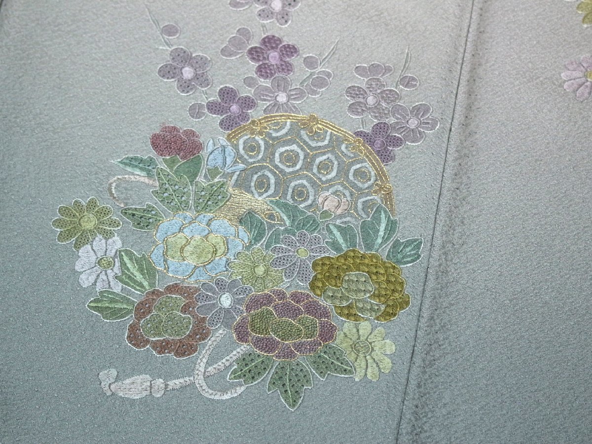 中国三大刺繍【汕頭・相良刺繍】正絹訪問着　薬玉文様　裄：65cm　e11-242_画像7