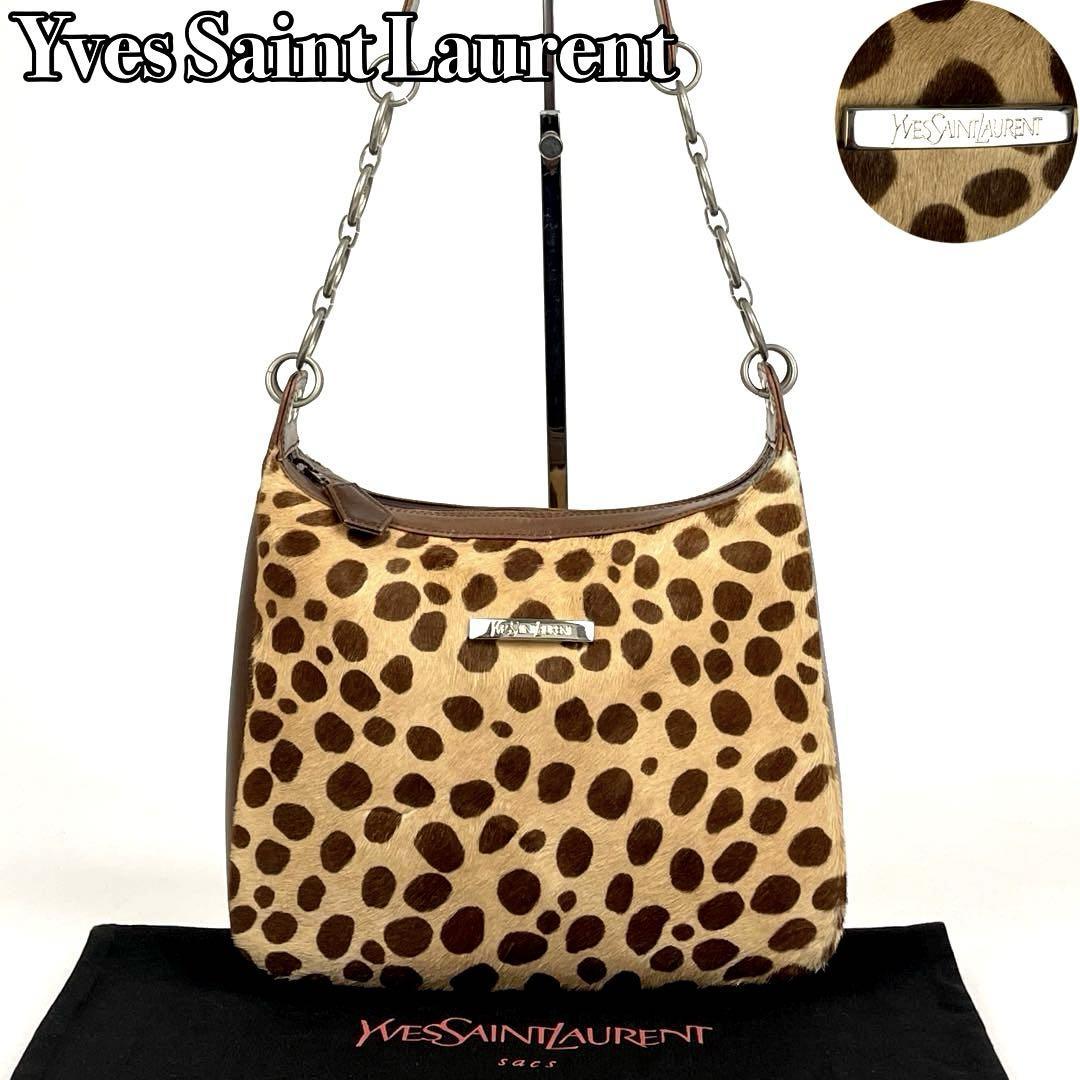 美品■Yves Saint Laurent イヴサンローラン チェーン ショルダーバッグ レオパード クロスボディ カサンドラ YSL 裏地総柄 ハラコ レザー_画像1