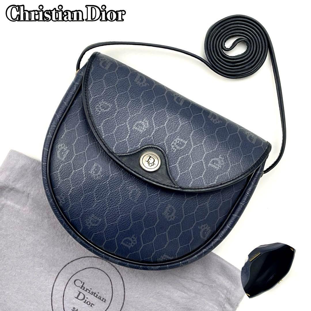 【美品】Christian Dior ディオール ショルダーバッグ トロッター ハニカム 総柄 斜め掛け シルバー金具 ハーフムーン PVC レザー ネイビー_画像1