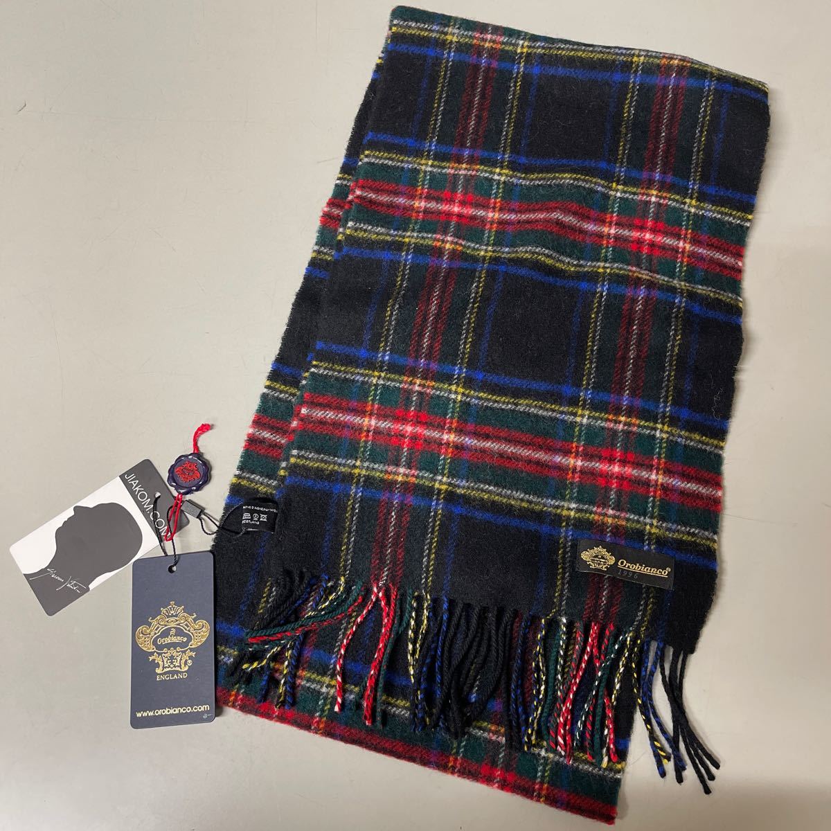 Orobianco オロビアンコ ウールマフラー 未使用 スコットランド製 チェック柄 フリンジ MADE IN Scotland wool メンズ レディース_画像1