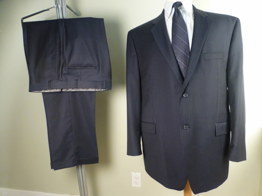 ◆CALVIN KLEIN CK スーツ 46R W98 美品 紺ストライプ キングサイズ カルバンクライン