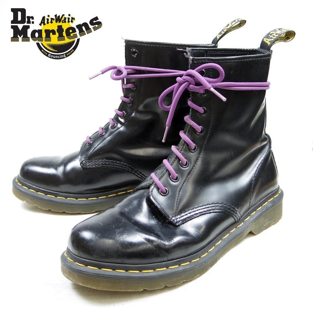 良品　UK8　27cm相当　Dr.Martens　ドクターマーチン　8ホール　ブーツ　ブラック　黒　イエローステッチ/U9348_画像1