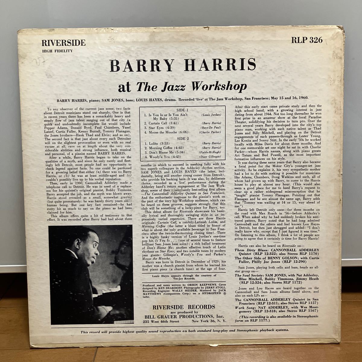 【LP】オリジ★バリー・ハリス/ Barry Harris / アト・ザ・ジャズ・ワークショップ / At The Jazz Workshop / US盤 / RIVERSIDE / 青DG_画像2