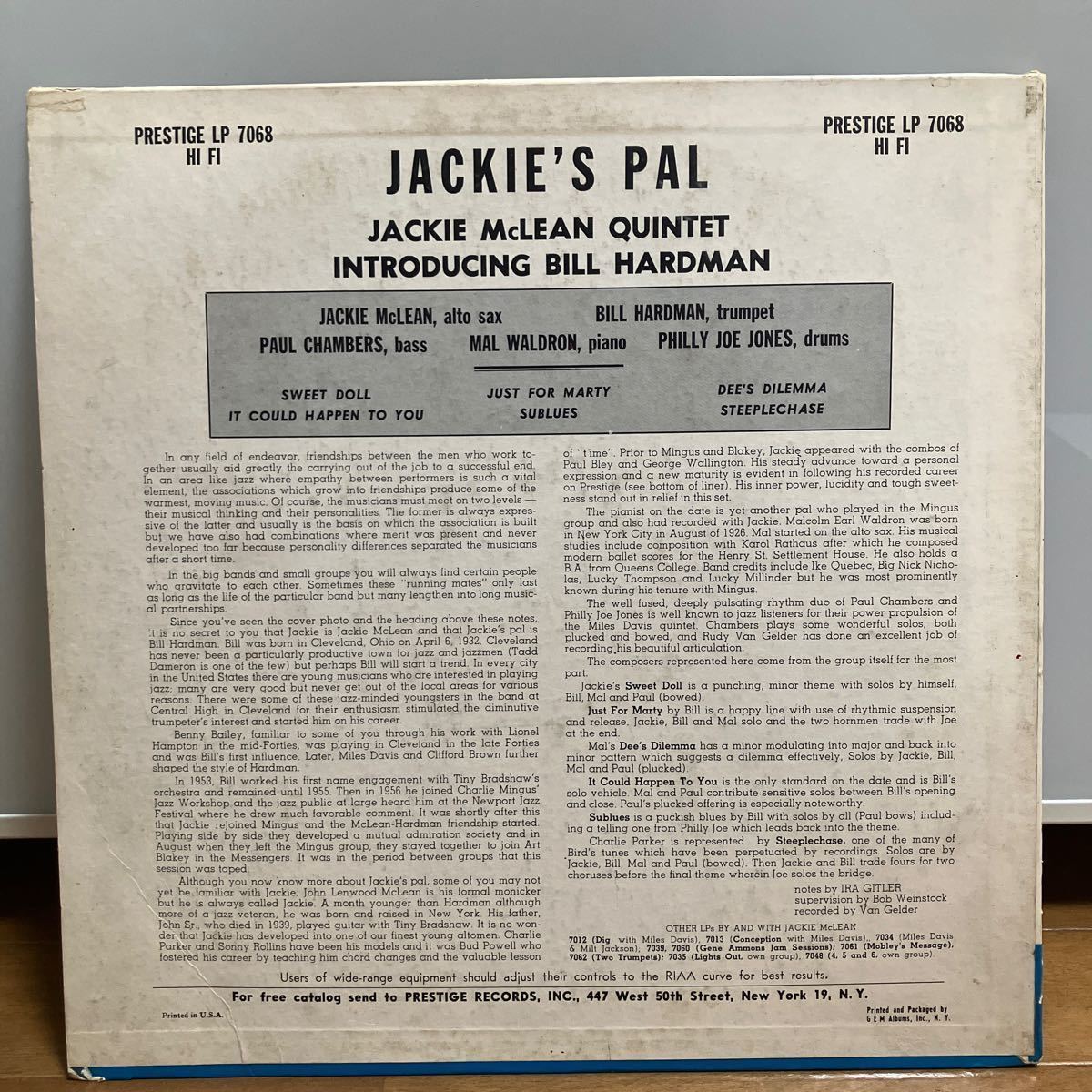 【LP】オリジナル★ジャッキー・マクリーン / JACKIE McLEAN /ジャッキーズ・パル/ Jackie's Pal / US盤 / PRESTIGE NYC DG RVG MONO_画像2