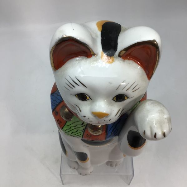 1225 時代物 招き猫 陶磁器 高さ約27cm 瀬戸焼 彩色 縁起物 珍しい かわいい 猫置物 整った顔立ち_画像5