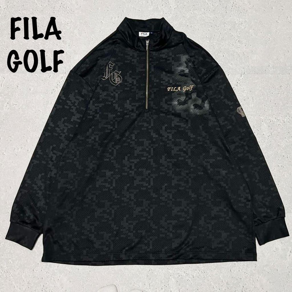 フィラゴルフ FILA GOLF 4L 大きいサイズ　メンズ　ゴルフウェア ハーフジップ　長袖シャツ　タートルシャツ　黒 ゴールド刺繍