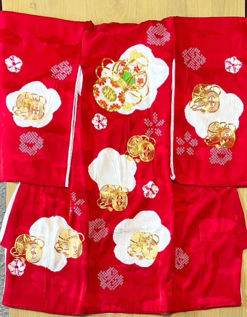 ◆花の絞り染めに金糸刺繍の鼓♪正絹女児宮参り着セット◆ 上質紋綸子 裄46.5 お値打ち _画像1