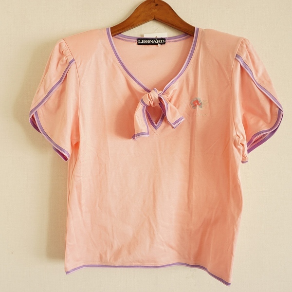 #spc レオナール LEONARD Tシャツ L ピンク 半袖 花柄 刺繍 リボン レディース [845447]