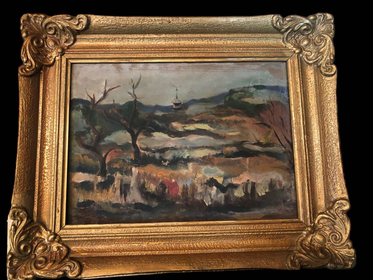 絵画油絵京都旧家蔵出アンティーク骨董額縁付ガラス木枠自然美術品