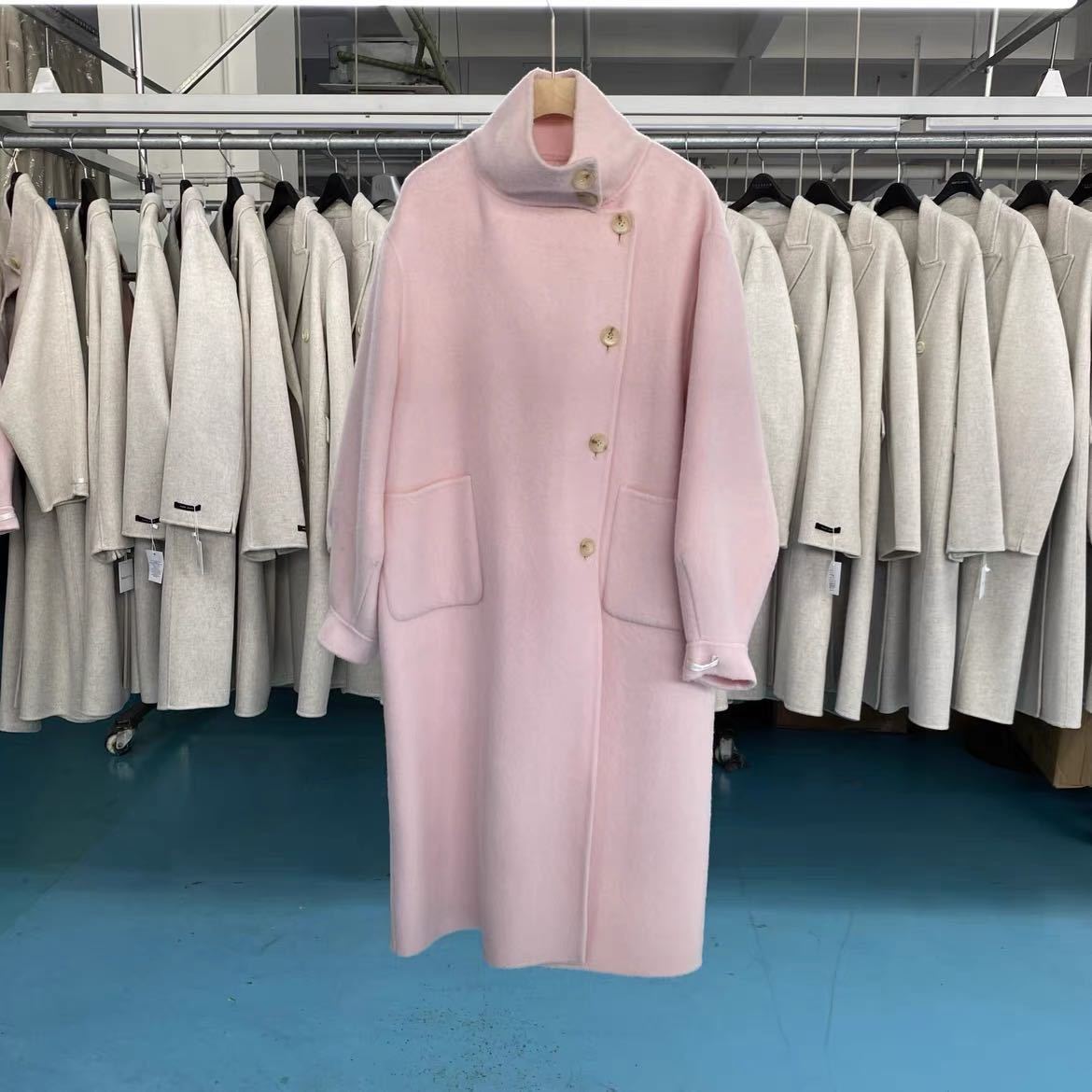 レディーストップス　秋冬長袖ロングコート　ウールリバーシブル 高品質暖かい　優しいピンク色